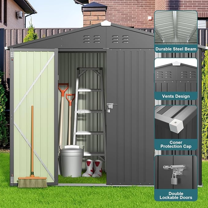 Gizoon Outdoor Storage Shed 8 x 6 FT, Galvanized Metal Garden Shed - Image 6