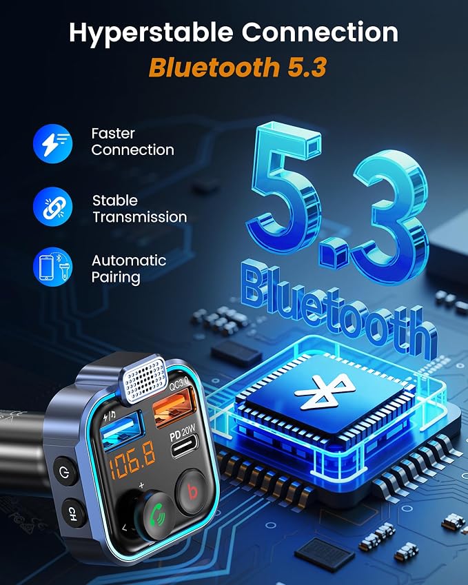 LENCENT FM Transmitter in-Car Adapter, Type-C PD 20W+ QC3.0 Fast USB Charger - Image 4