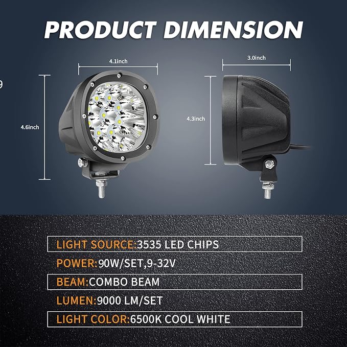 YCHOW-TECH 2PCS 4 Inch LED Fog Lights 90W White Round Offroad Light Bar Flood - Image 2