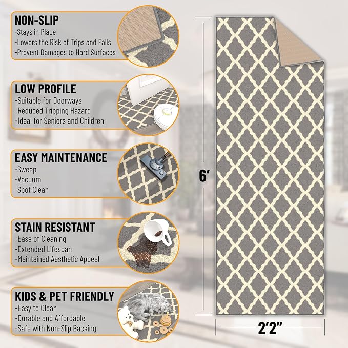 Ottomanson Hallway Runner Rug 2'2" x 6' Non Slip Trellis Area Rugs Easy to - Image 3