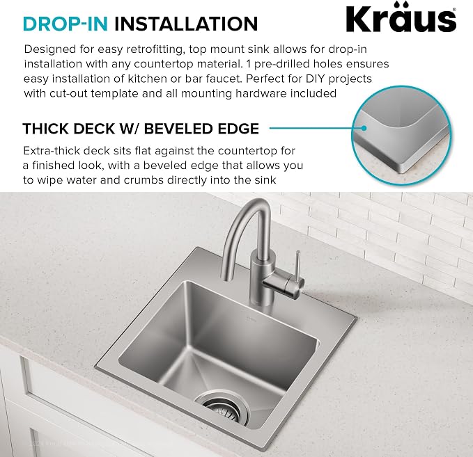 KRAUS Fairlane 15-inch Drop In/Top Mount Single Bowl 18-Gauge Stainless Steel - Image 7
