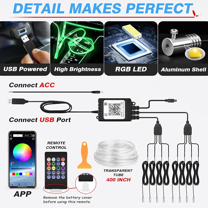 MICTUNING Car LED Interior Strip Light, 8 in 1 RGB Multicolor - Image 5
