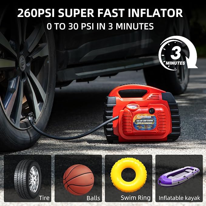 Jump Starter with Air Compressor, 260PSI 1000A Car Battery Jump Starter Battery - Image 3