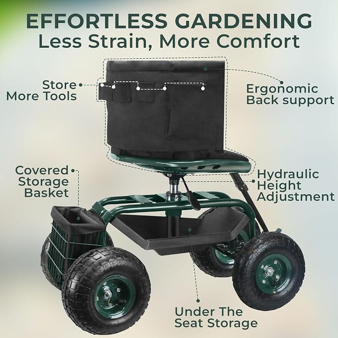 Garden Seat with Wheels – Adjustable 360° Swivel Gardening Stool with Hydraulic - Image 4