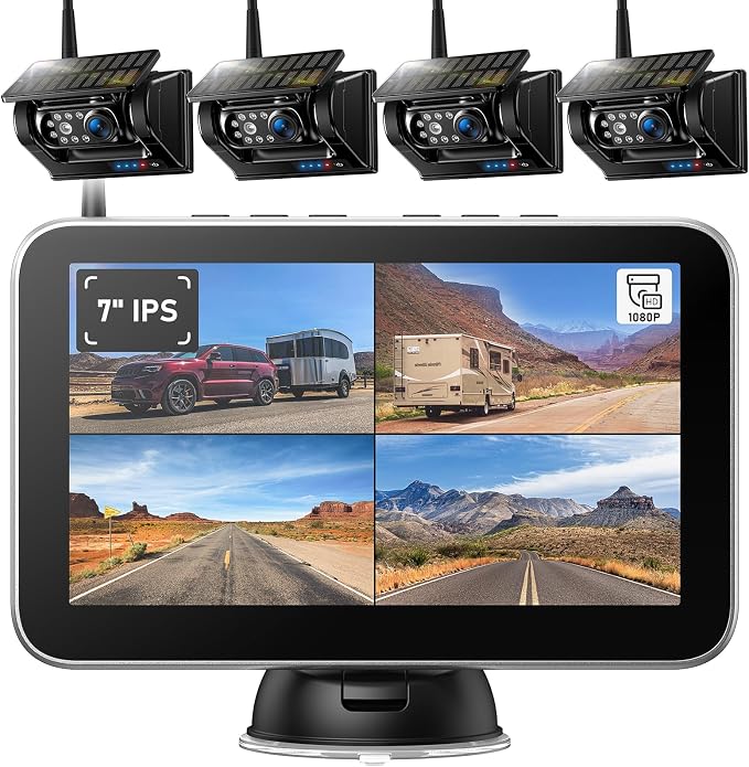 4 Magnetic Solar Wireless Backup Camera HD1080P 7" DVR Monitor, 3Mins No-Wire by ZEROXCLUB