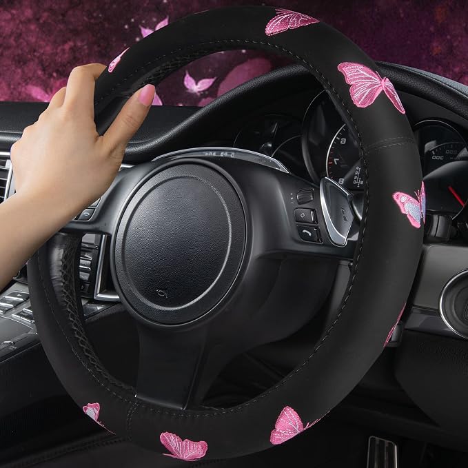 Car Pass Pink Embroidery Butterfly Steering Wheel Cover, Universal 15 Inch Car - Image 5