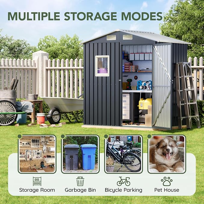 6x4 FT Outdoor Metal Storage Shed, Single Door, 1 Clear Window, Tool Shed - Image 3