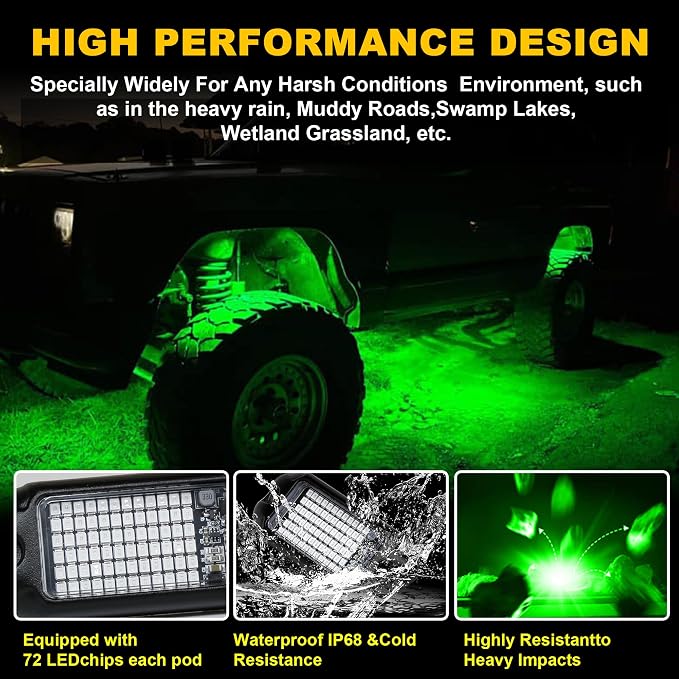 Nicoko 4Pods Pure Green LED Rock Lights 72w high Power Rock Lights Neon - Image 5