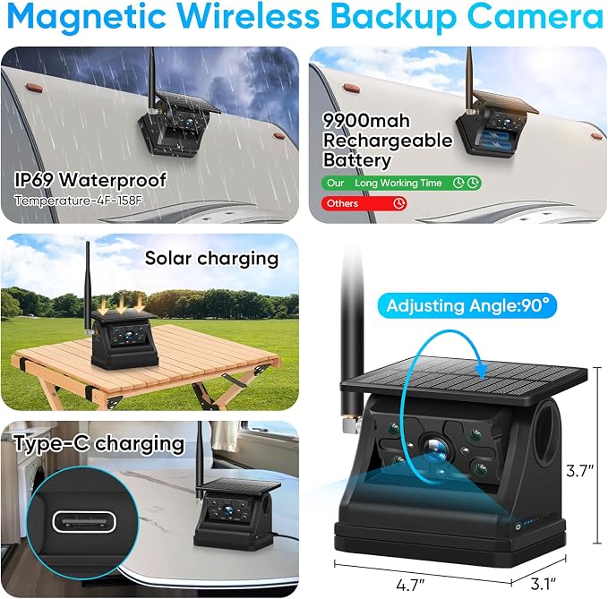 Solar Wireless Magnetic Backup Camera, 9900mAh Battery Powered Rechargeable - Image 4