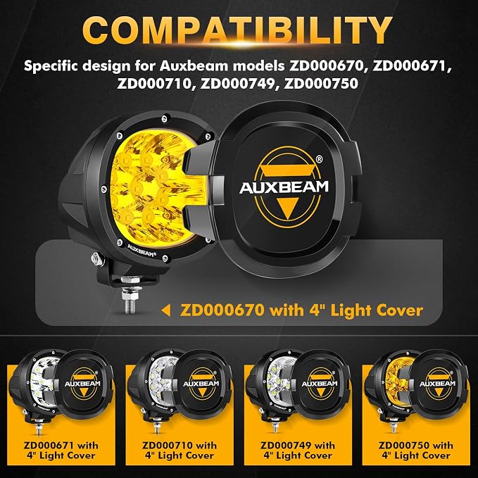 Auxbeam P4 Series Round Protective Light Covers, 4 Inch Black Offroad LED Pods - Image 2