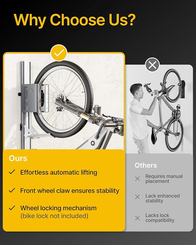 monTEK Automatic Lift EBike Rack – Fits 24-29" Tires, Heavy-Duty Vertical Wall - Image 5
