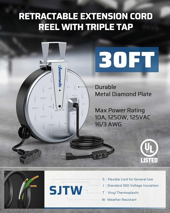 DEWENWILS 30 Ft Retractable Extension Cord Reel, Ceiling/Wall Mount 16/3 Gauge - Image 3