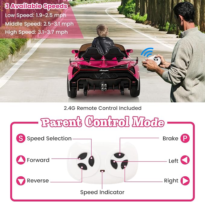 Costzon Pink Lamborghini Ride on Car, 12V Battery Powered 4WD Lambo Kids Car - Image 5