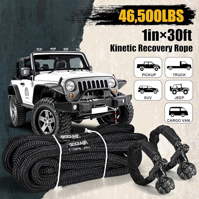 GODIAG 1"×30ft Kinetic Recovery Tow Rope Heavy Duty Energy Rope - Image 9