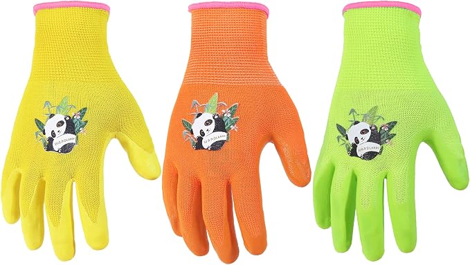 HANDLANDY 3 Pairs Kids Gardening Gloves Latex Free, Nitrile Coated Children by HANDLANDY