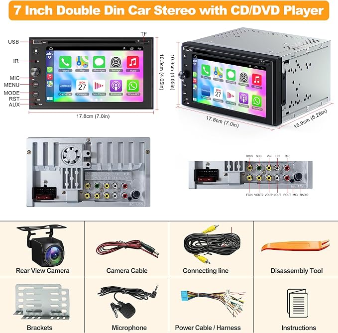 Double Din Car Stereo with CD/DVD Player Apple Carplay & Android Auto, 6.2Inch - Image 7