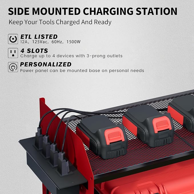 Power Tool Organizer Wall Mount – Adjustable Shelf, Side-Mounted 4-Outlet - Image 3