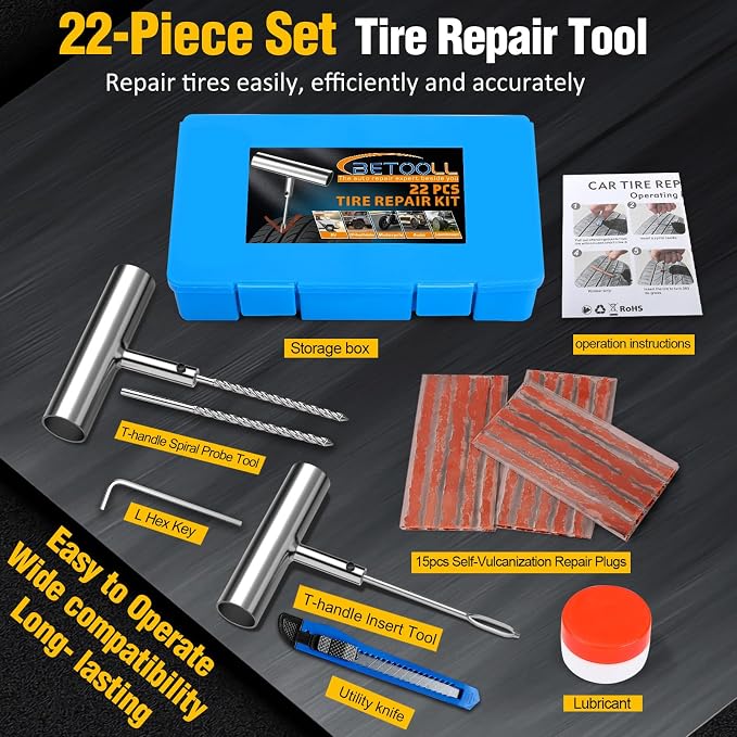 BETOOLL Universal Tire Repair Kit, Heavy Duty 22 Pcs Emergency Tire Plug Kit - Image 2
