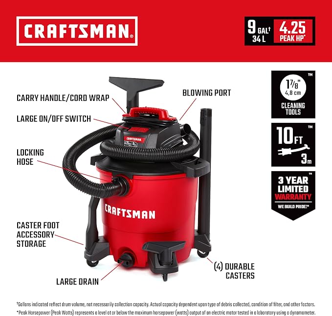CRAFTSMAN CMXEVBE18690 9 Gallon 4.25 Peak HP Wet Dry Vac, Portable Shop Vacuum - Image 2