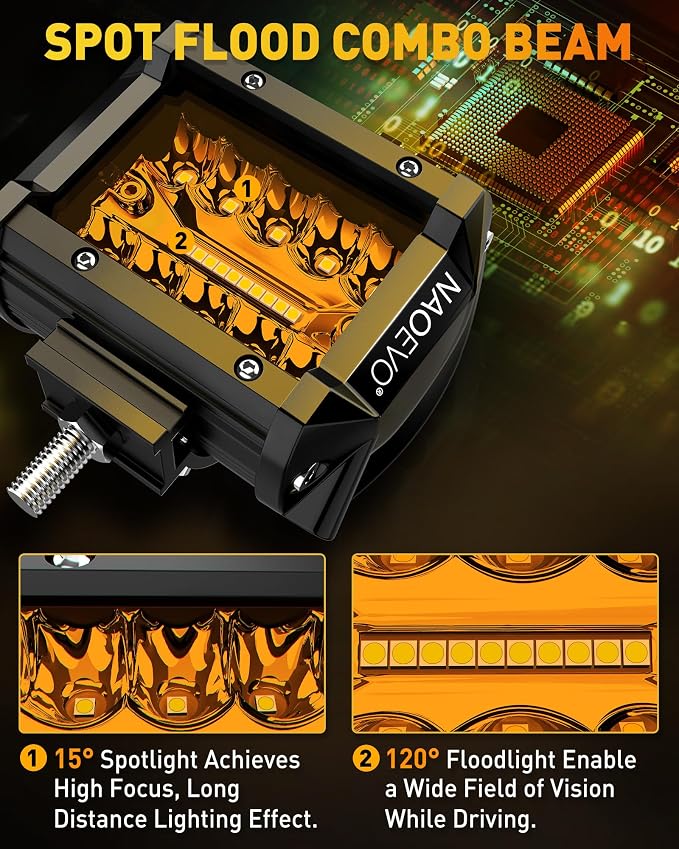 NAOEVO 4 Inch LED Pod Lights, Spot Flood Amber LED Fog/Driving/Off Road Lights - Image 4