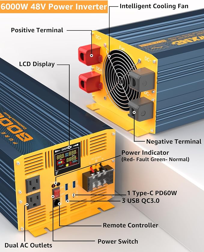 6000 Watt Power Inverter Pure Sine Wave 48V DC to 110V 120V Heavy Duty Inverter - Image 2