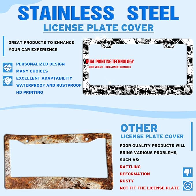 Skull License Plate Frame Black White Skeleton Stainless Steel License Plate - Image 2