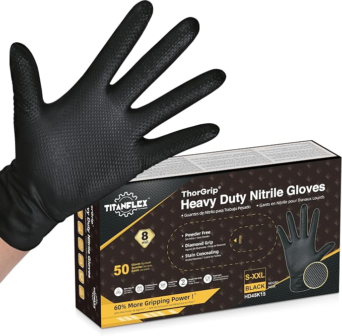 TitanFlex Thor Grip Heavy Duty Black Industrial Nitrile Gloves by TitanFlexDisposableGloves