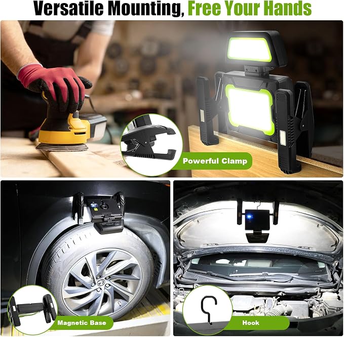 Rechargeable Work Light with Clamp, 3000 Lumen Magnetic Work Light Battery - Image 2