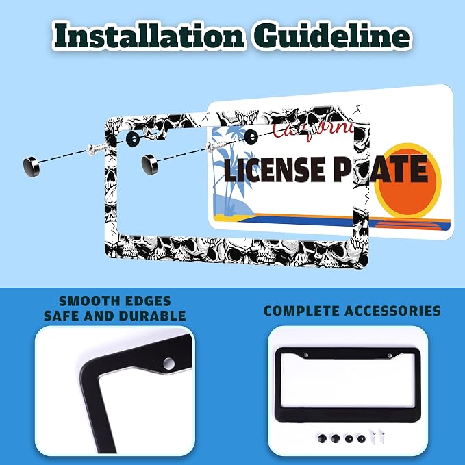 Skull License Plate Frame Black White Skeleton Stainless Steel License Plate - Image 4