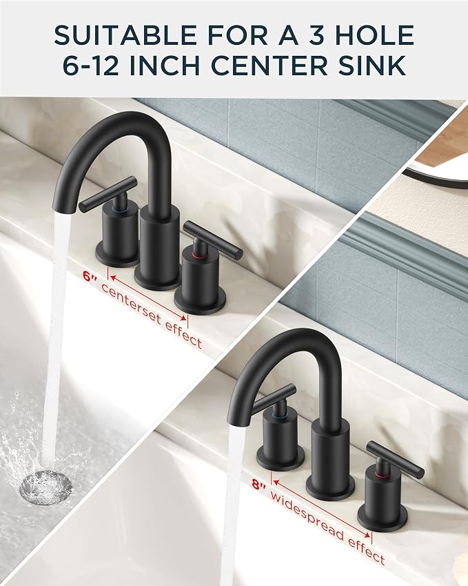 FORIOUS Bathroom Faucets 3 Hole, Matte Black Bathroom Sink Faucet 3 Hole Vanity - Image 6