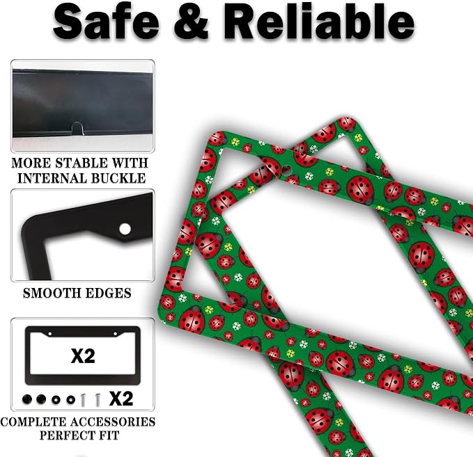 License Plate Frame Red Green License Plate Protector Cute Ladybug and Flowers - Image 4