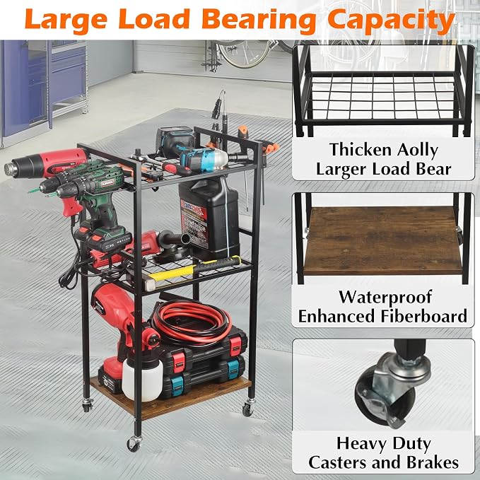 MUTUACTOR Heavy Duty Garage Tools Organizer Cart, 3-Tier Rolling Utility Tool - Image 4