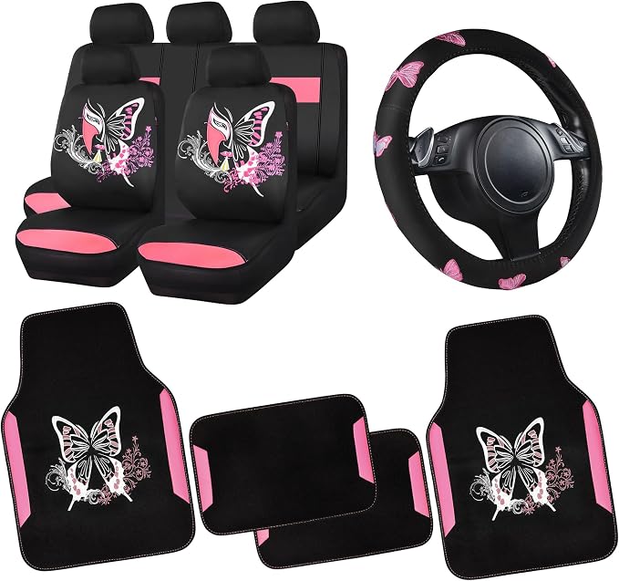 CAR PASS Pink Leather & Gaberdine Butterfly Car Seat Covers Full Set by CARPASS