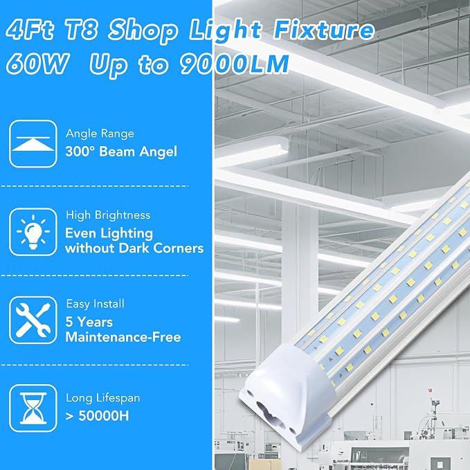 T8 LED Shop Lights 4FT Garage Light, 6 Pack 60W 9600LM 6000K Daylight Work - Image 2