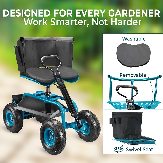 Garden Seat with Wheels – Adjustable 360° Swivel Gardening Stool with Hydraulic - Image 8