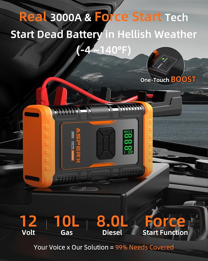 ASPERX Jump Starter with Air Compressor, 【Upgrade & Safety Certs】10L Gas/8L - Image 2