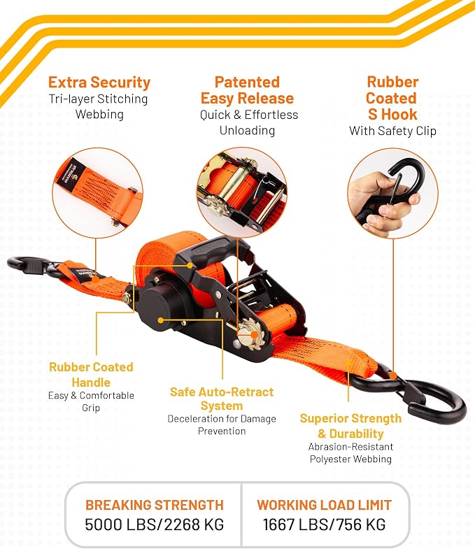 Strapinno 2PCs Retractable Ratchet Tie-Down Straps, 000 lbs Break Strength- 2 - Image 2