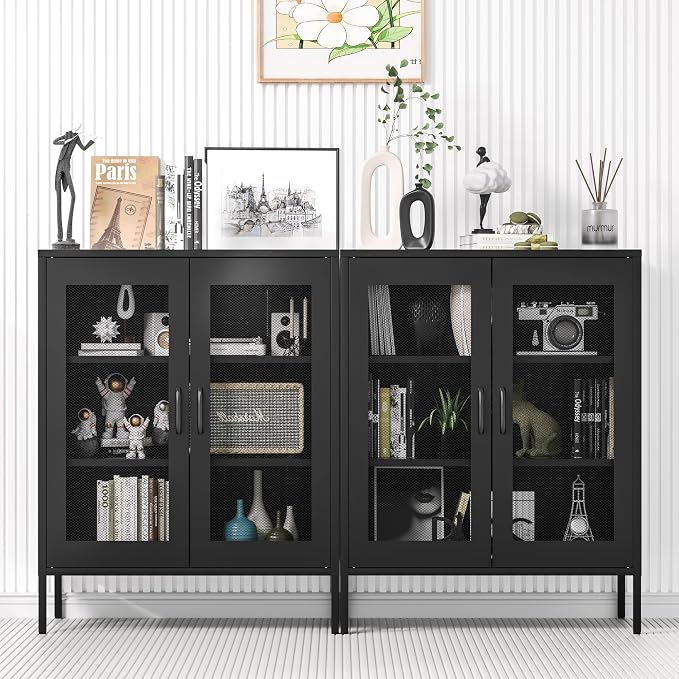 Metal Storage Cabinet with Mesh Doors and Shelves, 3-Tier Office Cabinet - Image 6