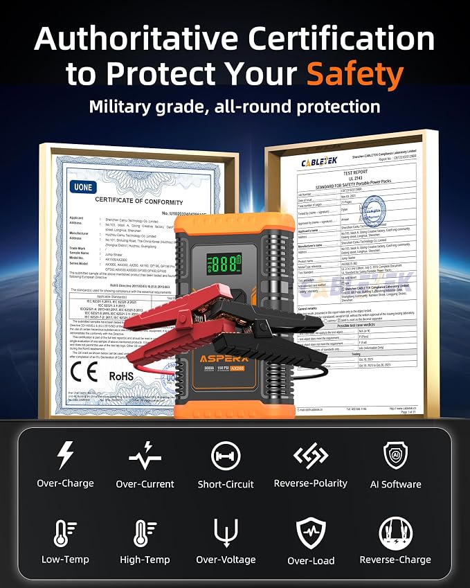 ASPERX Jump Starter with Air Compressor, 【Upgrade & Safety Certs】10L Gas/8L - Image 4
