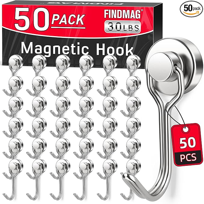FINDMAG 50 Pack Magnetic Hooks, 30 LB+ Magnet Hooks by FINDMAG