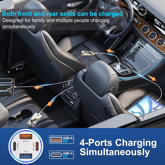 USB C Fast Car Charger, 65W 4-Port Dual USB-C & USB-A Multiport Car Phone - Image 4