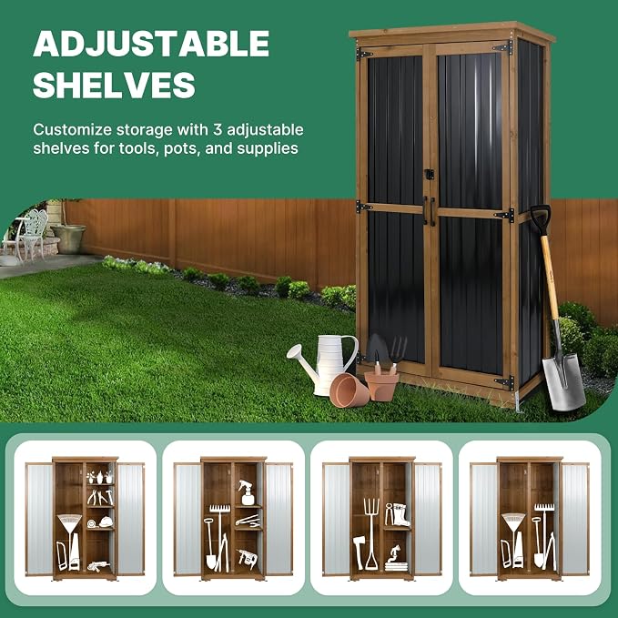 Outdoor Storage Cabinet Wood & Metal, Tall Tool Shed - Image 8