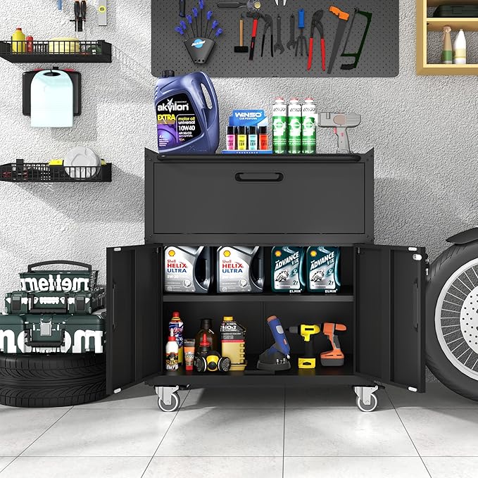 Metal Storage Cabinet with Wheels, Lockable Garage Cabinet with 2 Doors and 1 - Image 2