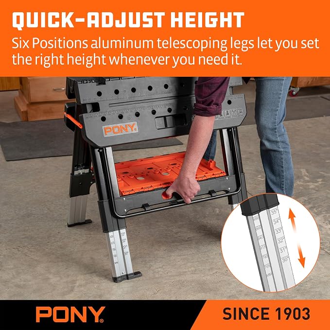 Pony Portable Folding Work Table, 2-in-1 as Sawhorse & Workbench, 31” W×25” - Image 7