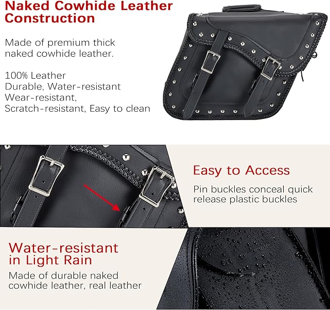 Dream Apparel Naked Cowhide Leather Motorcycle Saddle Bags Studded Throw Over - Image 3