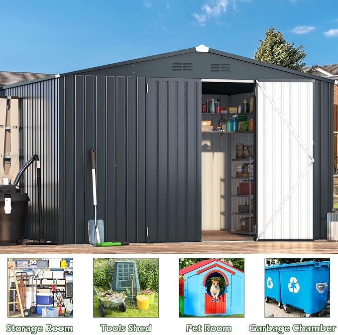 AECOJOY 12' x 10' Outdoor Storage Shed, Dark Grey Large 10x12 Sheds & Outdoor - Image 2