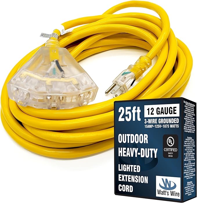 25 ft - 12 Gauge Heavy Duty Extension Cord - 3 Outlet Lighted SJTW - by WattsWire