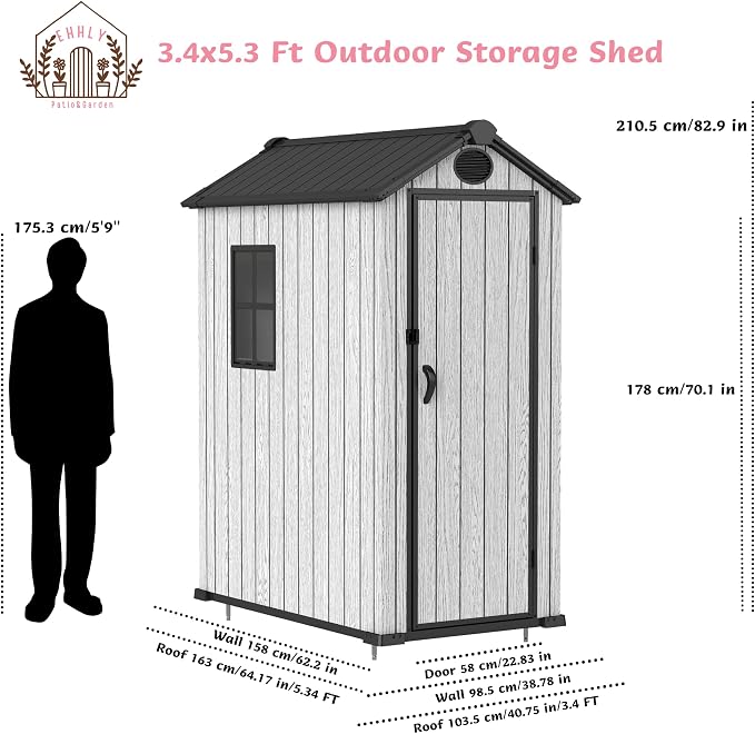 3.4x5.3 FT Resin Outdoor Storage Shed, 125 Cuft Garden Tool Sheds & Outdoor - Image 7