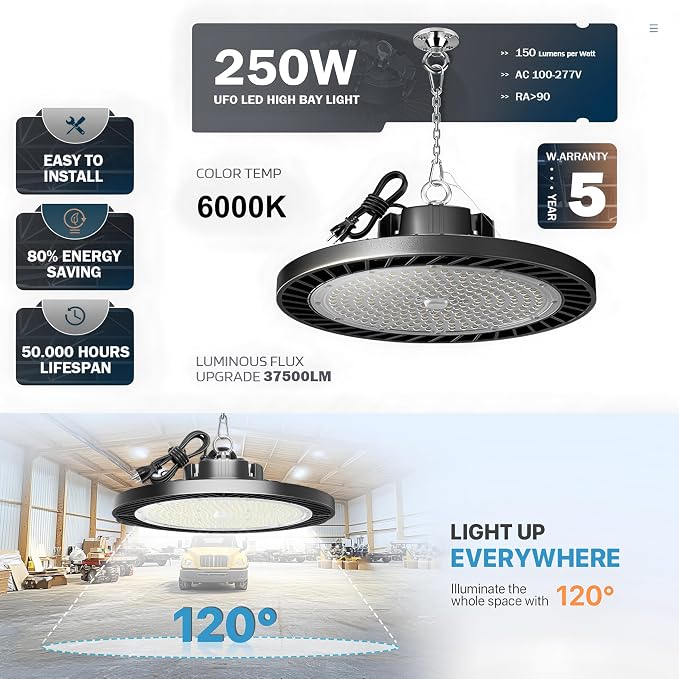 2Pack 250W UFO LED High Bay Light, 30000lm 6000K Daylight 2500W Equivalent - Image 2