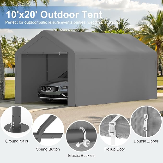 Carport 10x20 Heavy Duty Portable Garage w/Removable Sidewalls & Roll-Up Door - Image 2